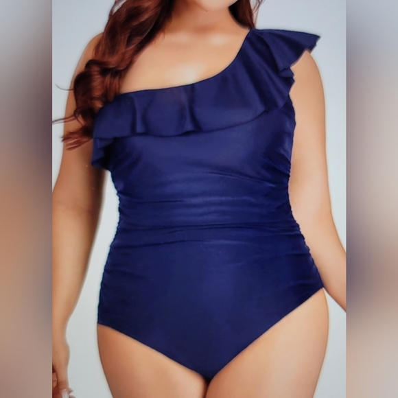 NWT Plus Size One shoulder One Piece Ruffle Tummy Control Navy Blue Swimwear 22w - Picture 5 of 12